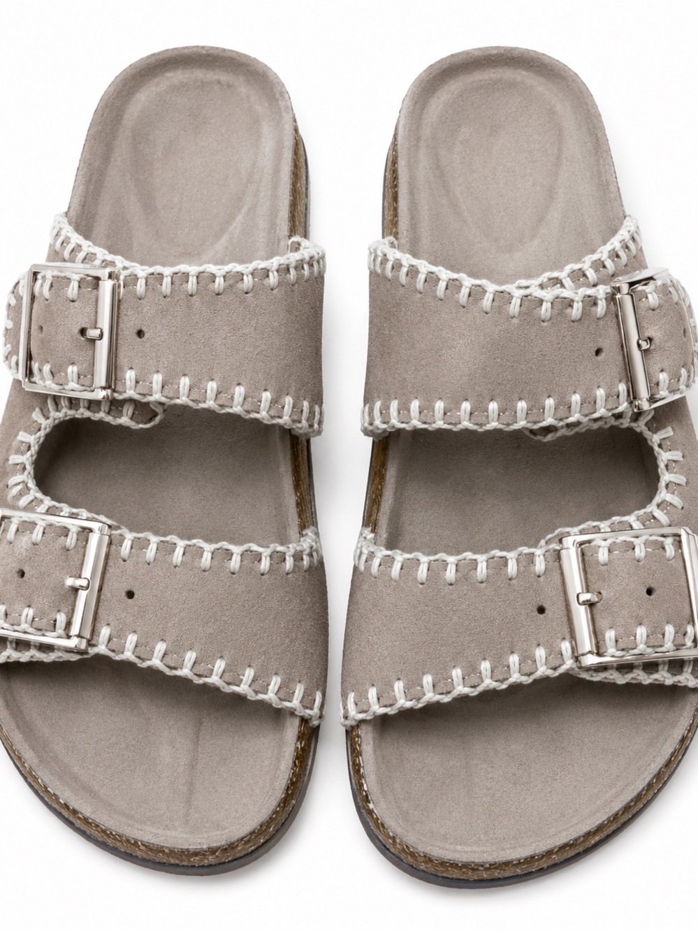 Haute Hippie Whipstitch Double Buckle Slide Sandals Taupe Size 9.5